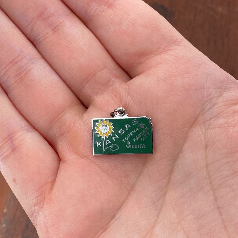 Vintage Wells 925 Sterling Silver Cloisonné "Kansas" State Map Pendant Charm